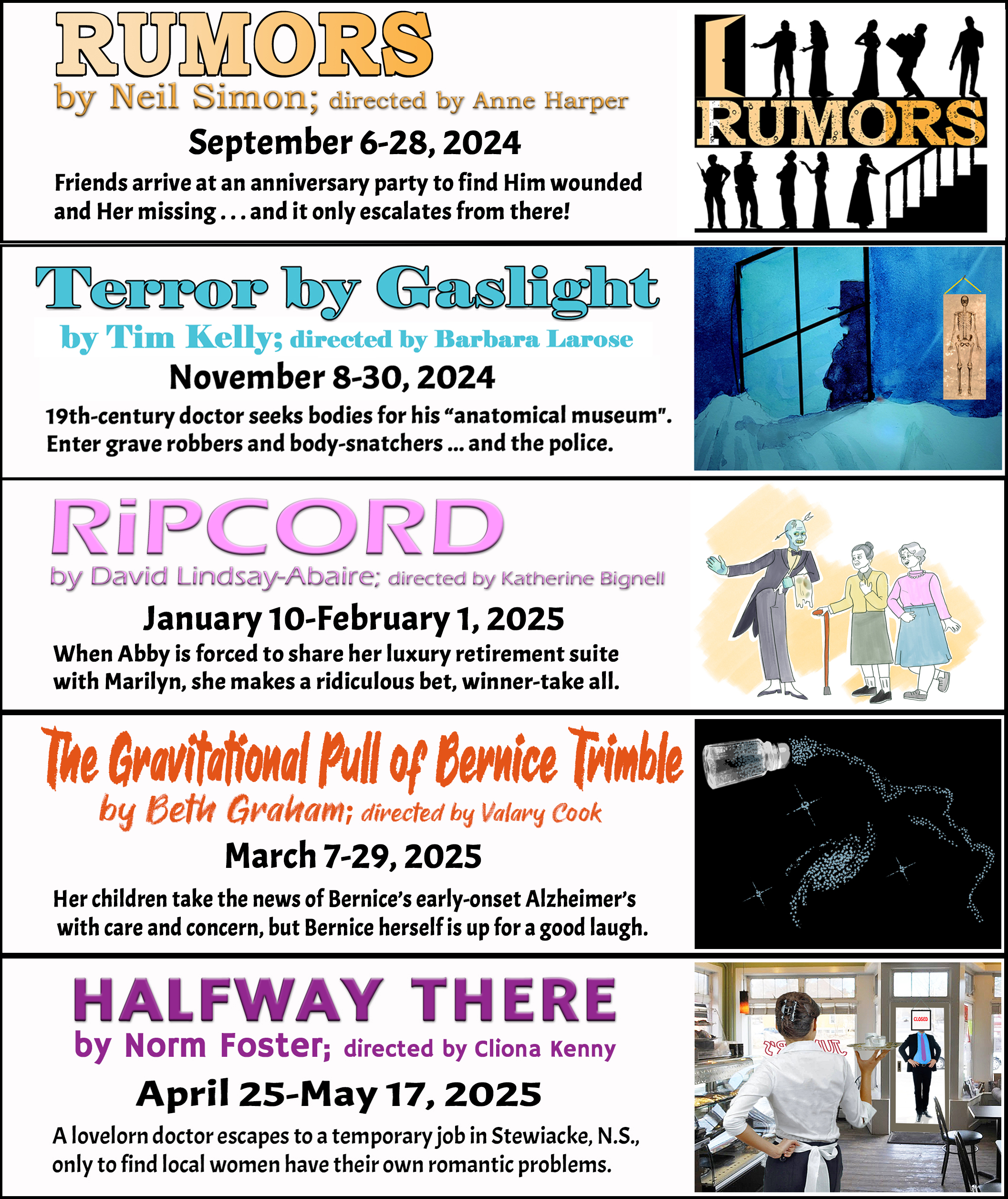 "Village Players" "Bloor West Village Players" "Village Playhouse" "Runnymede theatre" theatre theater "community theatre" "2023-24" Rumors “Neil Simon” “Terror by Gaslight” “Tim Kelly” Ripcord “David Lindsay-Abaire” “The Gravitational Pull of Bernice Trimble” “Bernice Trimble” “Beth Graham” “Halfway There” “Norm Foster”